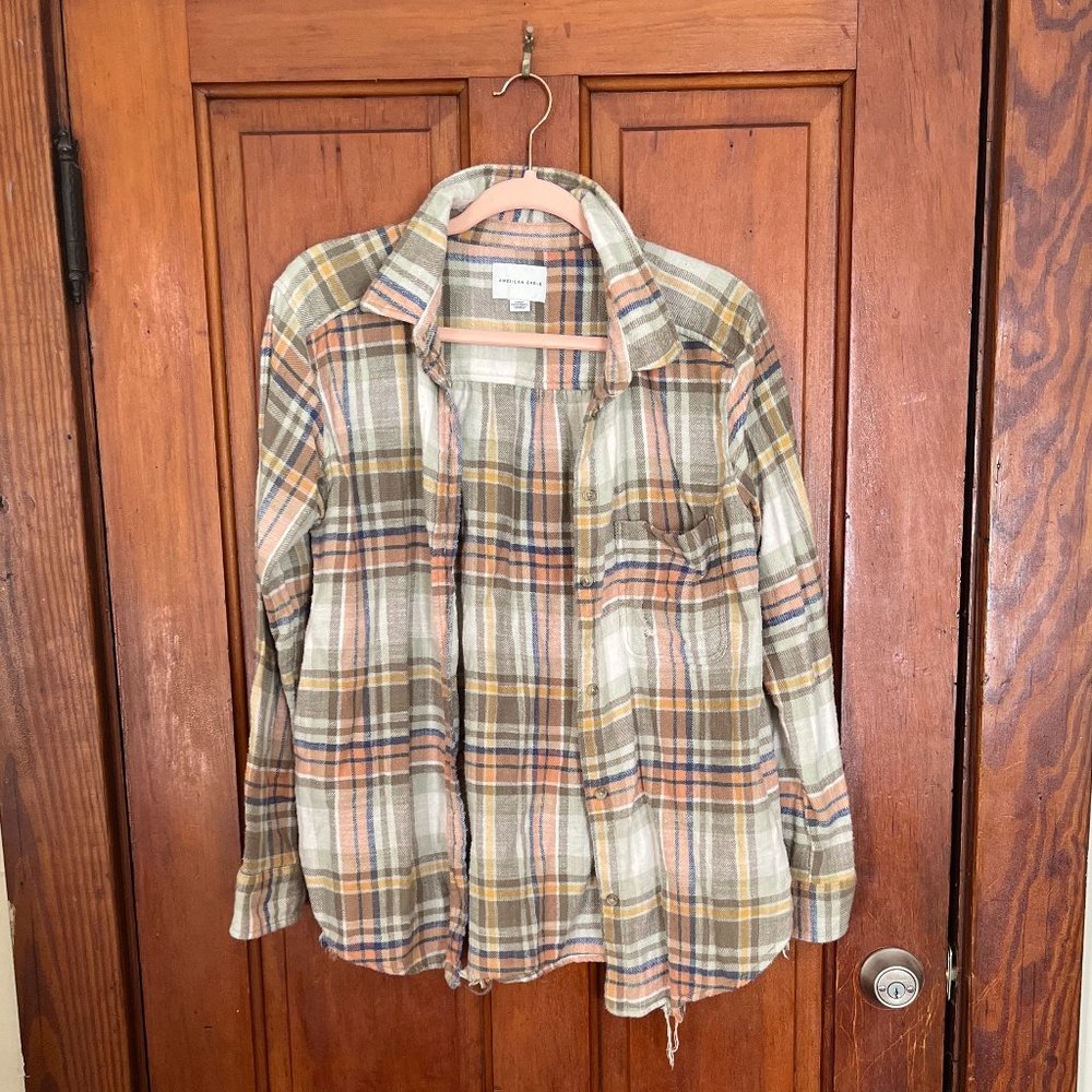 American Eagle Distressed Flannel Shirt, S